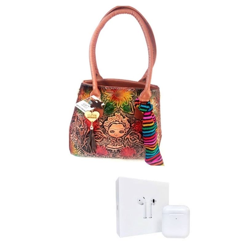 KIT BOLSO DE PIEL PARA DAMA 100% ARTESANAL CINCELADO FRIDA MAS Audifonos Air PRO 2da Generacion 