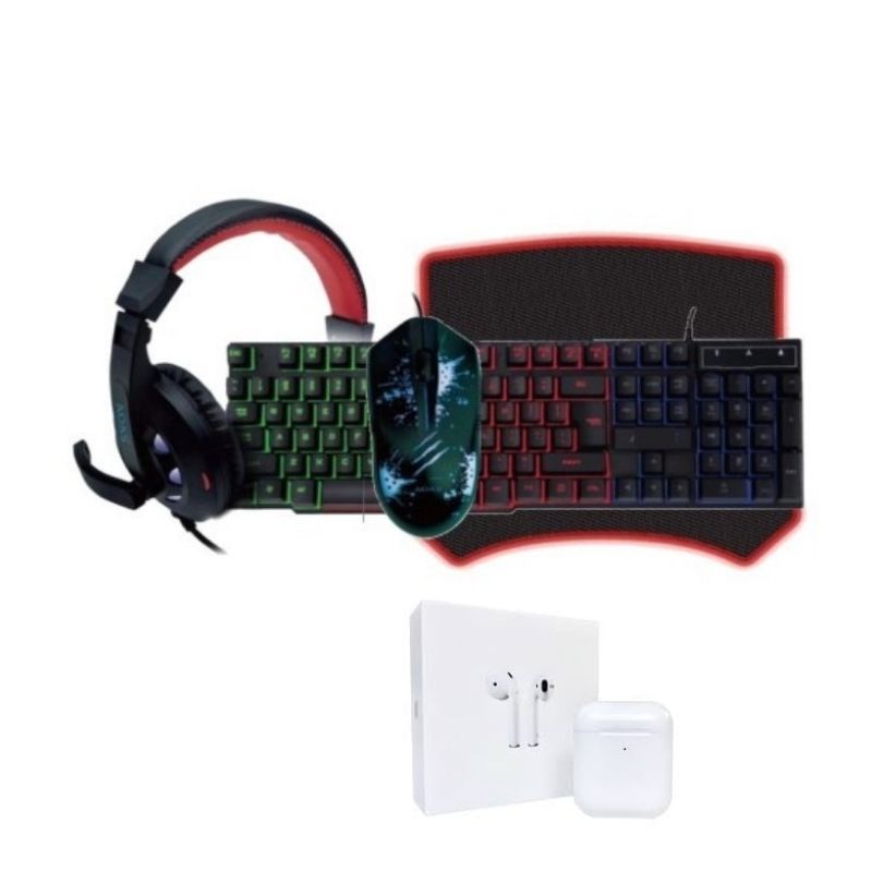 KIT DE TECLADO GAMER FUTUREM CON MOUSE, MOUSEPAD Y AUDIFONOS DIADEMA ALÁMBRICO y Audifonos Air PRO 2da Generacion de REGALO