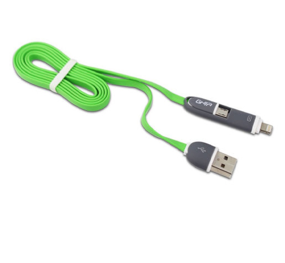CABLE 2 EN 1 MICRO USB LIGHTNING GHIA 1.0MTS USB CARGA TRANSFERENCIA PROTECTOR PC IPOHONE VERDE LAP