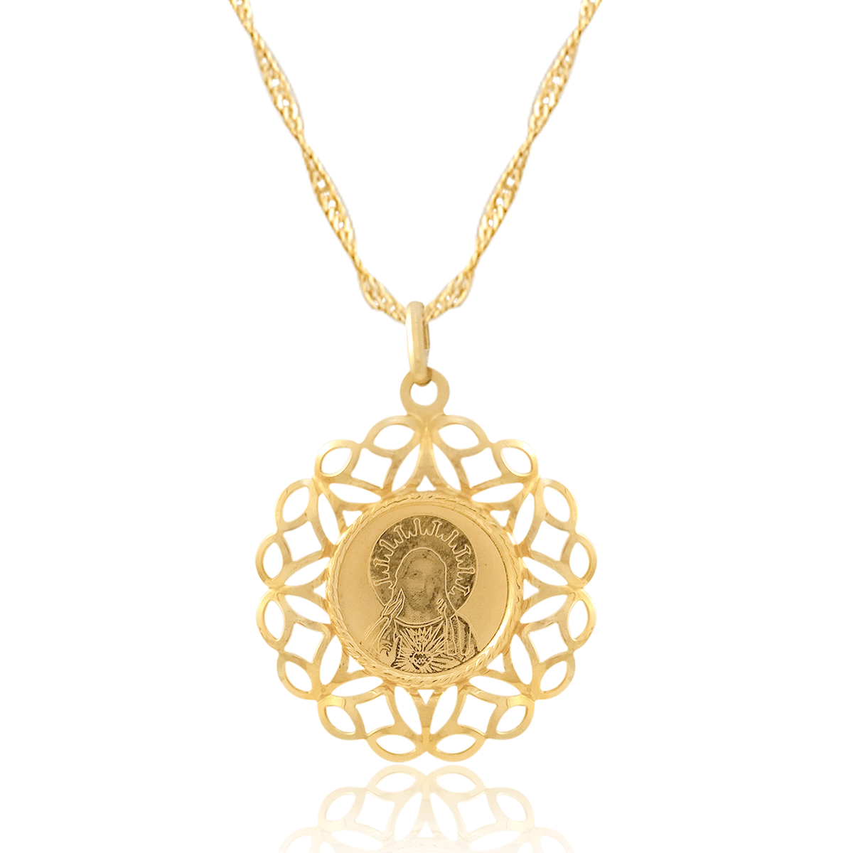 Medalla (Sin Cadena) Oro 18k Laminado #048 forma circular Sagrado Corazón con marco calado en forma de estrella de 3.5 cm alto 1.5 diámetro.