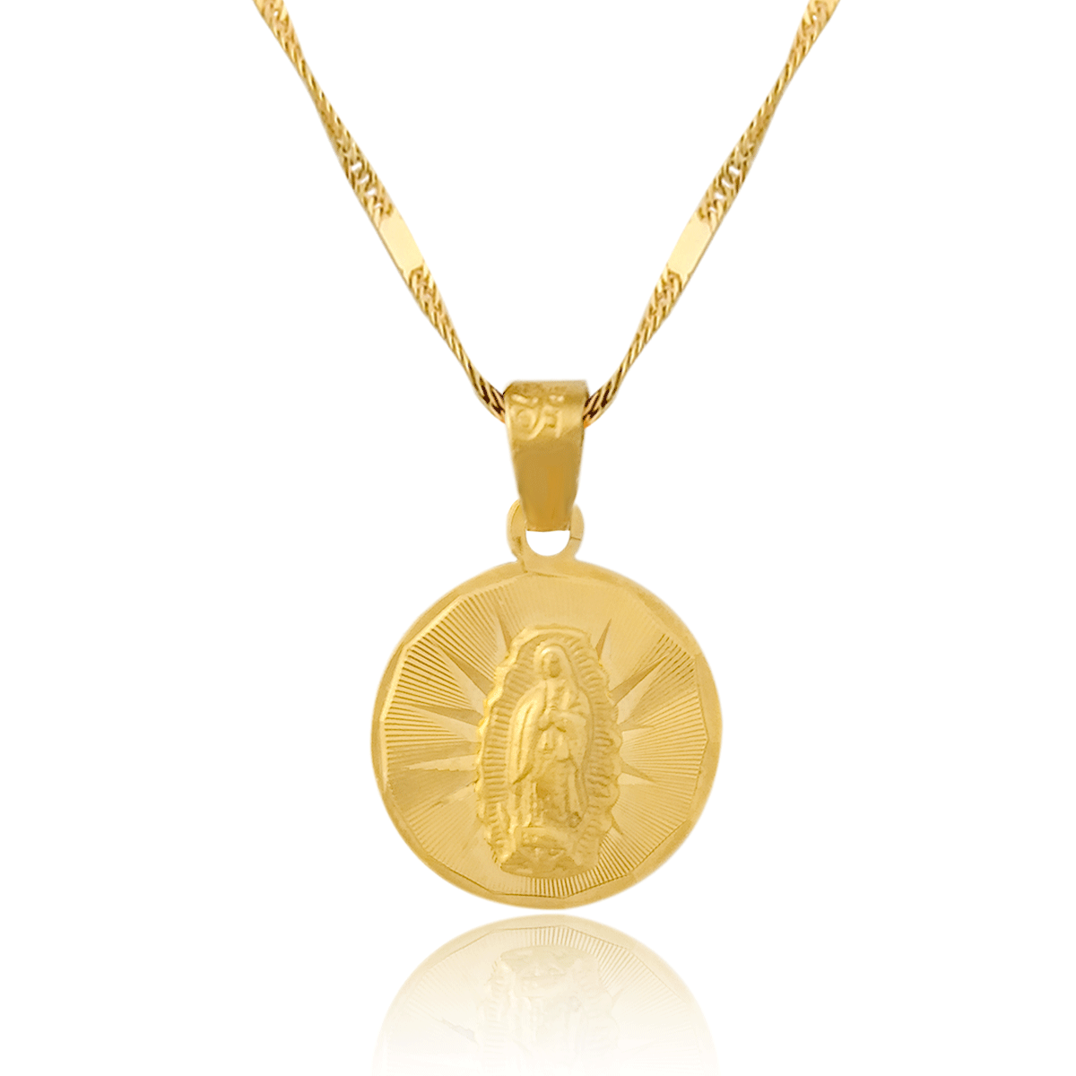 Medalla (Sin Cadena) Oro 18k Laminado #070 Forma circular  Virgen de Guadalupe destellos finas rayas grabadas  1.5 cm alto diámetro 1.5 cm