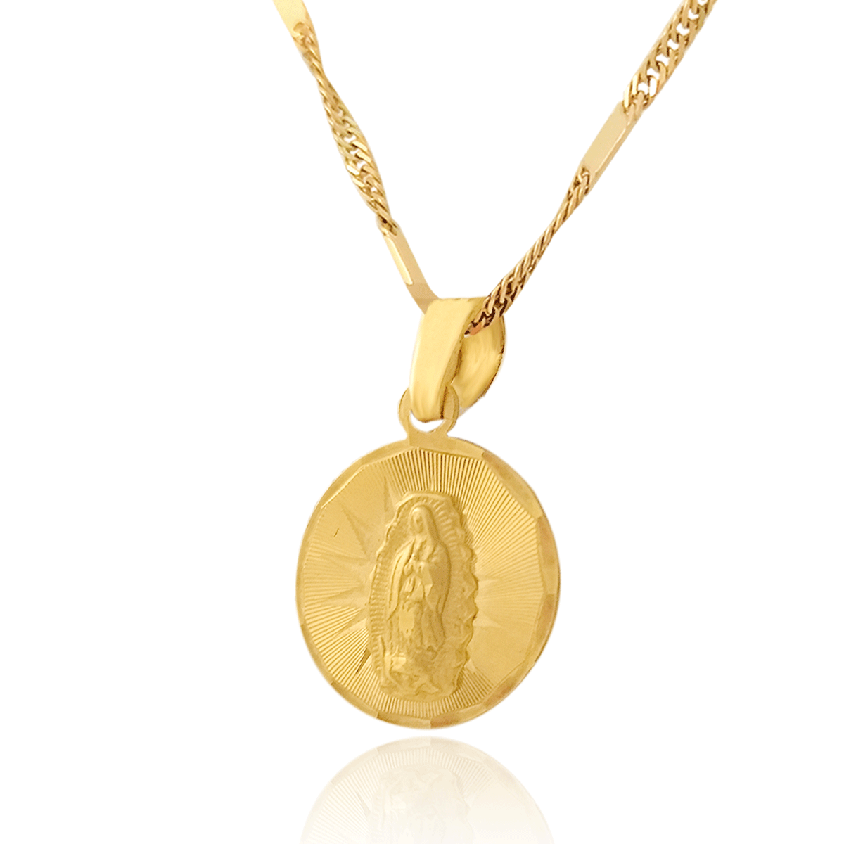 Medalla (Sin Cadena) Oro 18k Laminado #070 Forma circular  Virgen de Guadalupe destellos finas rayas grabadas  1.5 cm alto diámetro 1.5 cm