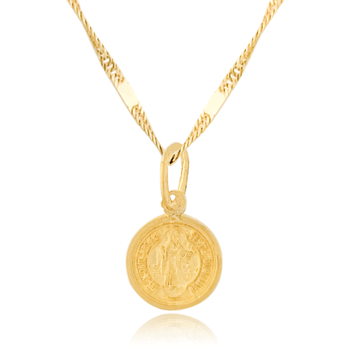 Medalla (Sin Cadena) Oro 18k Laminado #086 Forma Circular doble vista talladas San Benito por un lado y Cruz de San Benito al otro 1 cm alto diámetro 1 cm 