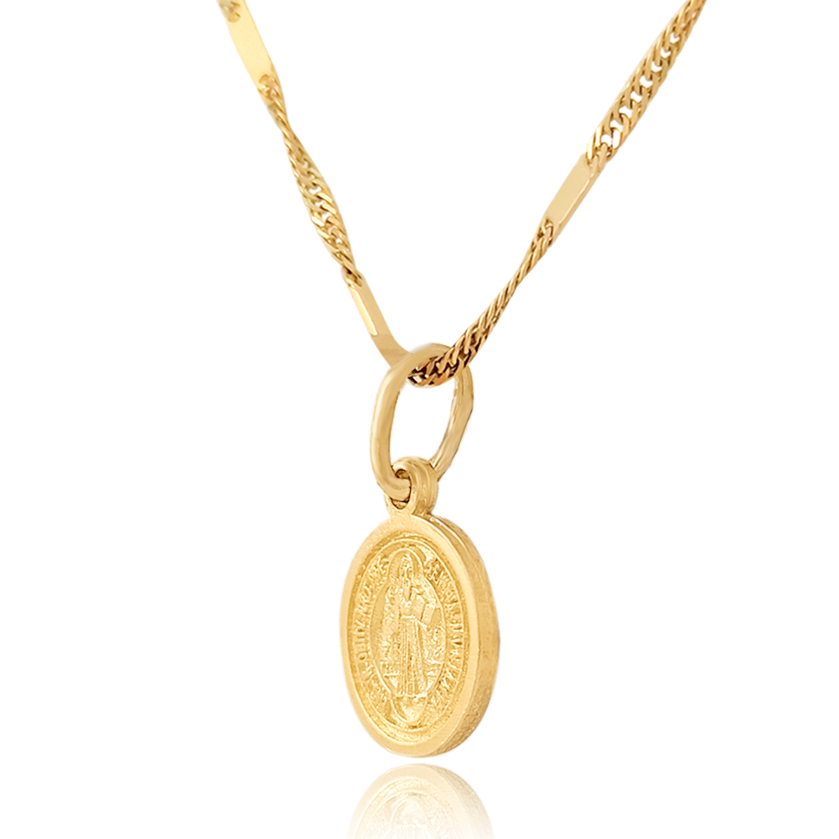 Medalla (Sin Cadena) Oro 18k Laminado #086 Forma Circular doble vista talladas San Benito por un lado y Cruz de San Benito al otro 1 cm alto diámetro 1 cm 