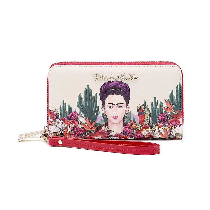 Cartera Doble Cierre Frida Kahlo Cactus Original Color Rojo