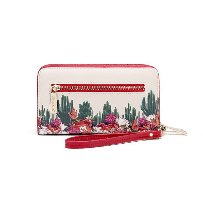 Cartera Doble Cierre Frida Kahlo Cactus Original Color Rojo