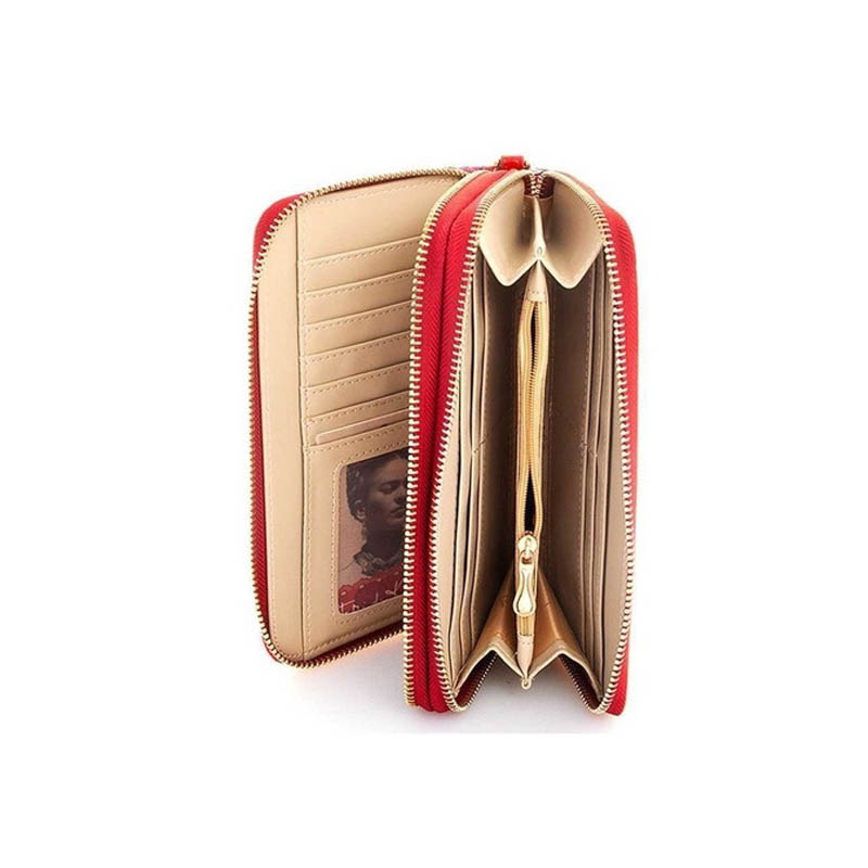Cartera Doble Cierre Frida Kahlo Cactus Original Color Rojo