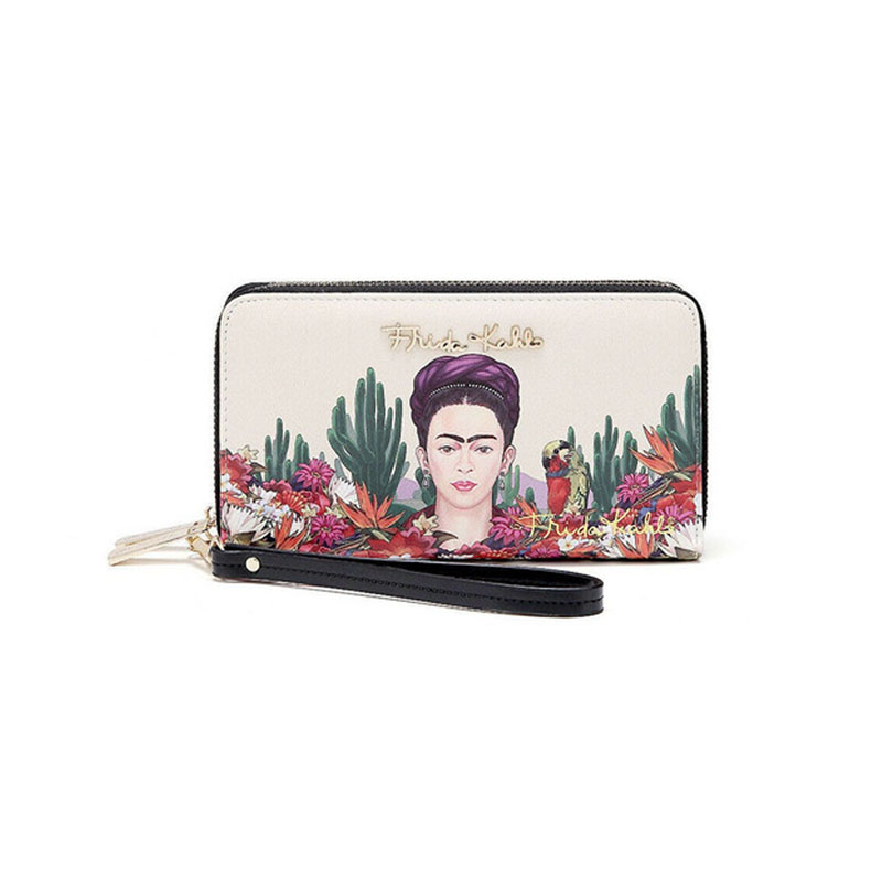 Cartera Doble Cierre Frida Kahlo Cactus Original Color Negro
