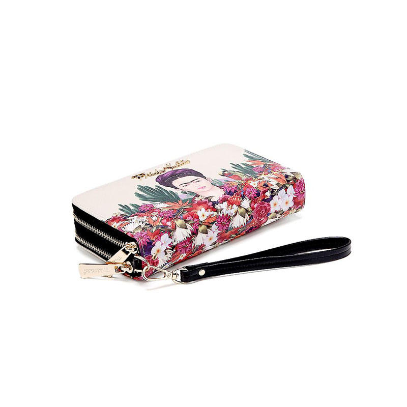 Cartera Doble Cierre Frida Kahlo Cactus Original Color Negro