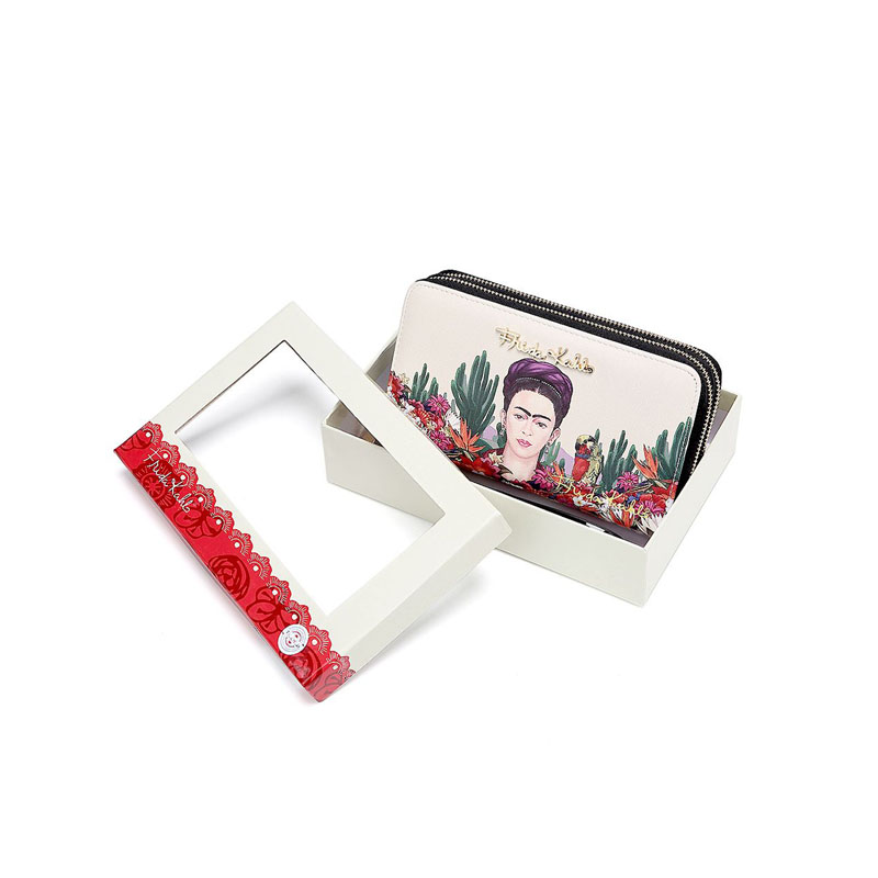 Cartera Doble Cierre Frida Kahlo Cactus Original Color Negro