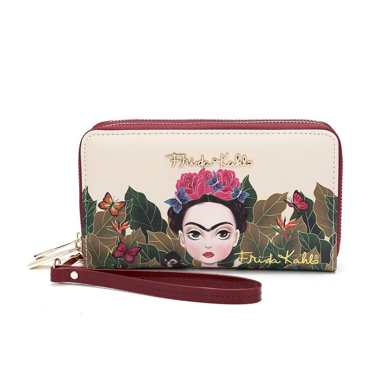 Cartera Doble Cierre Frida Kahlo Cartoon Original Color Rojo.