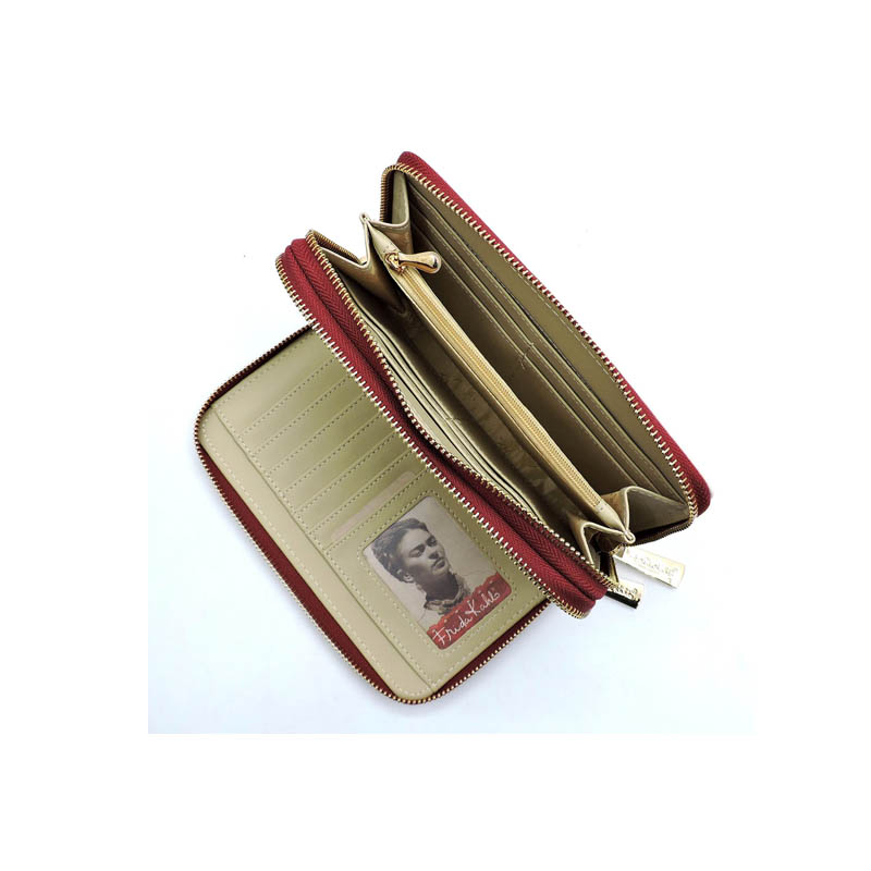 Cartera Doble Cierre Frida Kahlo Cartoon Original Color Rojo.