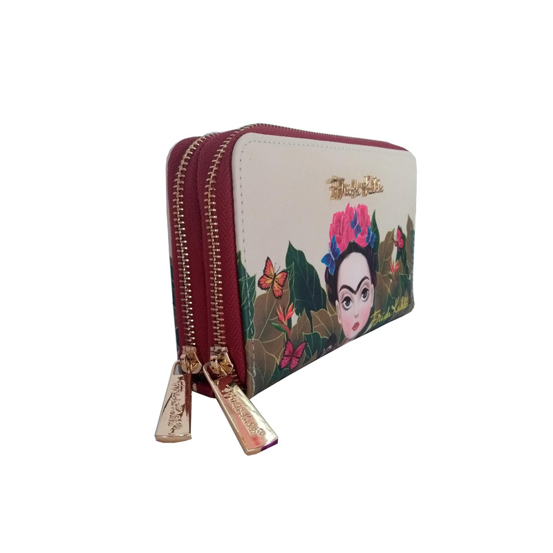 Cartera Doble Cierre Frida Kahlo Cartoon Original Color Rojo.