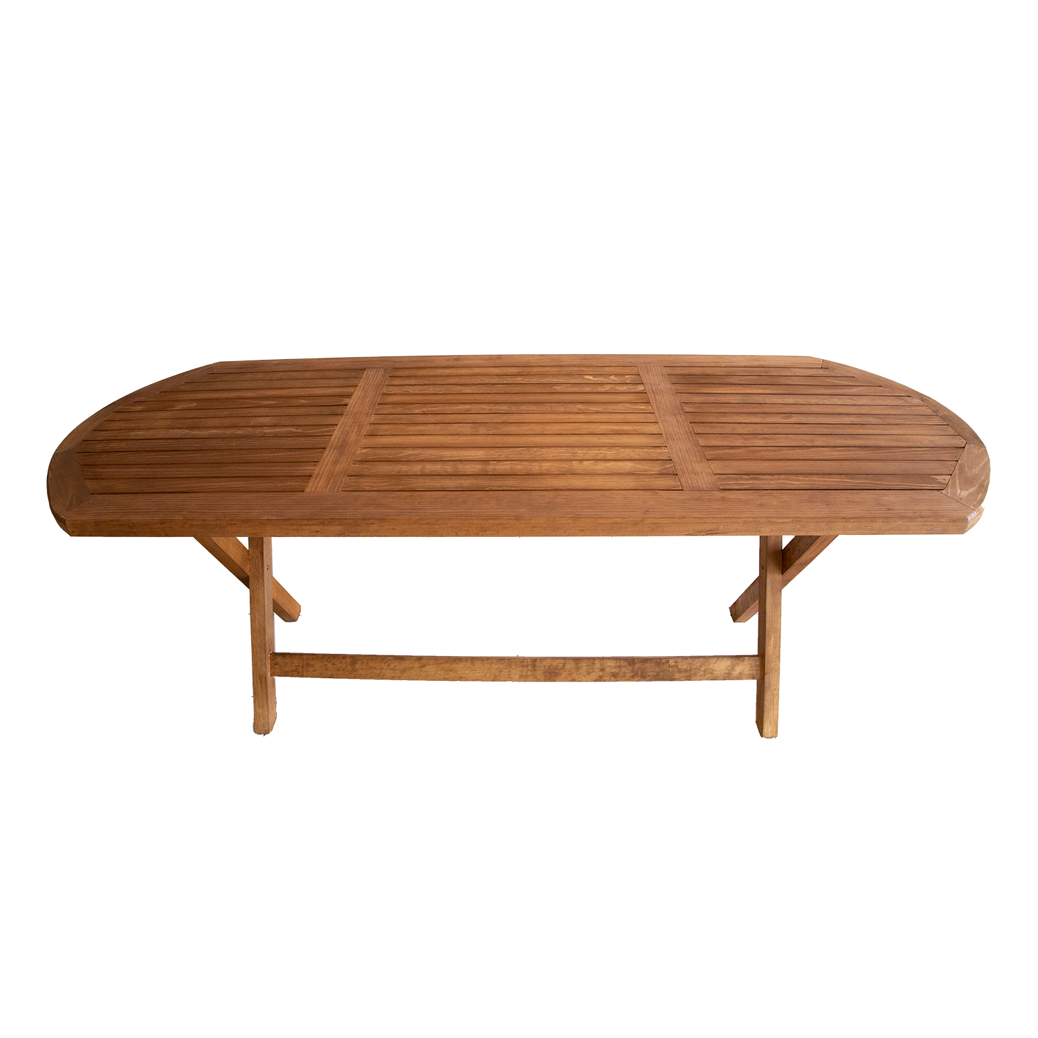 MESA OVALADA DE MADERA, MODELO JARDÍN, PLEGABLE, TIPO CAMPESTRE. 210 X 80