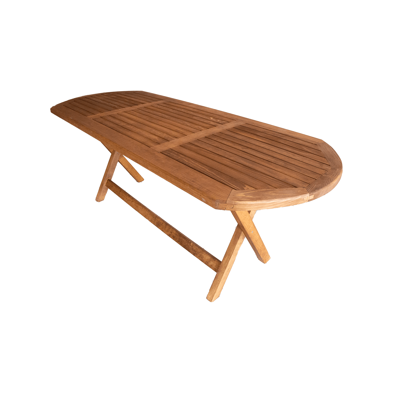 MESA OVALADA DE MADERA, MODELO JARDÍN, PLEGABLE, TIPO CAMPESTRE. 210 X 80