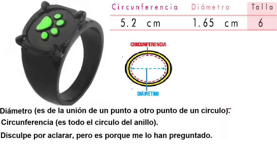 Anillo de cat noir talla 6 medida exacta Circunferencia 5.2cm y Diametro 1.65cm 