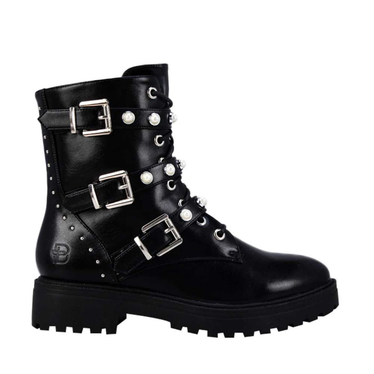 Botas negras tipo militar para mujer, Belinda Peregrin, con ajuste de 3 correas y agujetas, mod. 880825