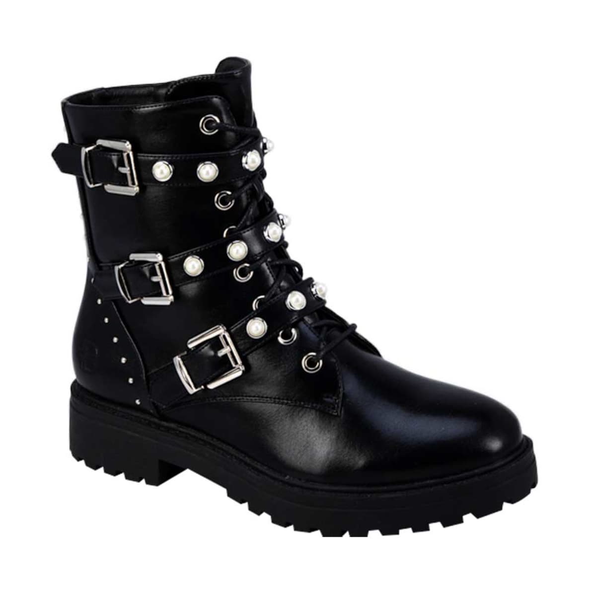 Botas negras tipo militar para mujer, Belinda Peregrin, con ajuste de 3 correas y agujetas, mod. 880825