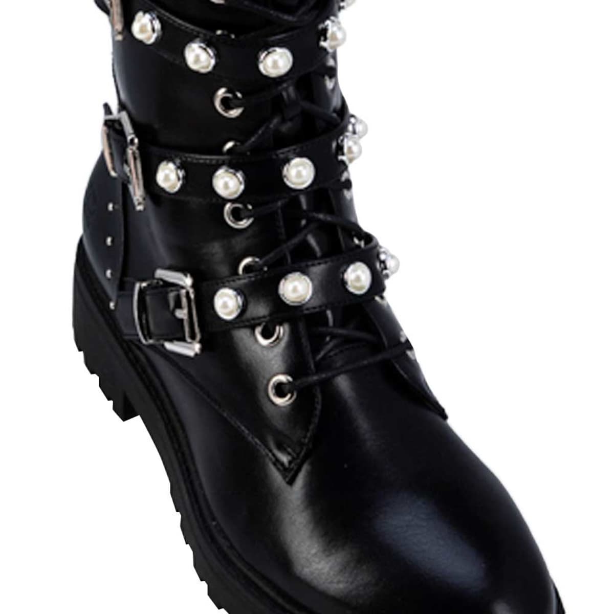 Botas negras tipo militar para mujer, Belinda Peregrin, con ajuste de 3 correas y agujetas, mod. 880825