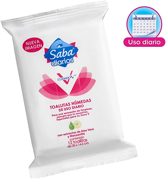 Toallitas Húmedas Íntimas, De uso Diario Saba, Cont. 12 Toallitas (3 piezas)