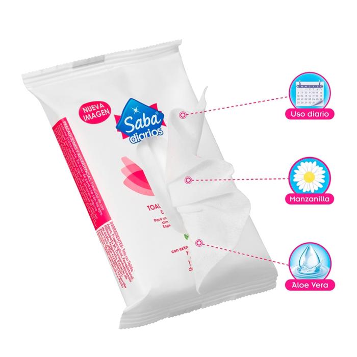 Toallitas Húmedas Íntimas, De uso Diario Saba, Cont. 12 Toallitas (3 piezas)