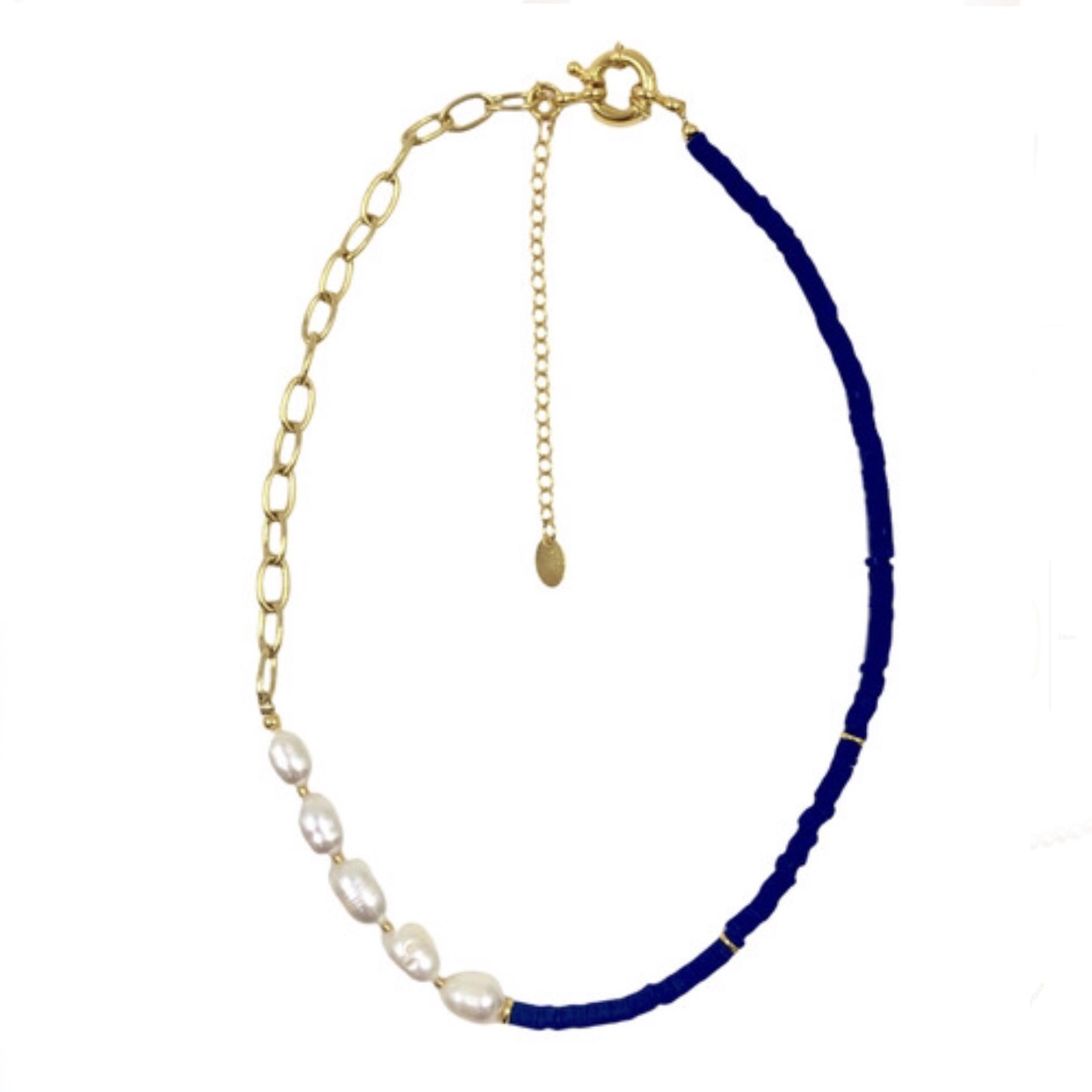 Collar en Perla Natural Cultivada y Puka Azul en Chapa de Oro 14k - Mancini Joyas