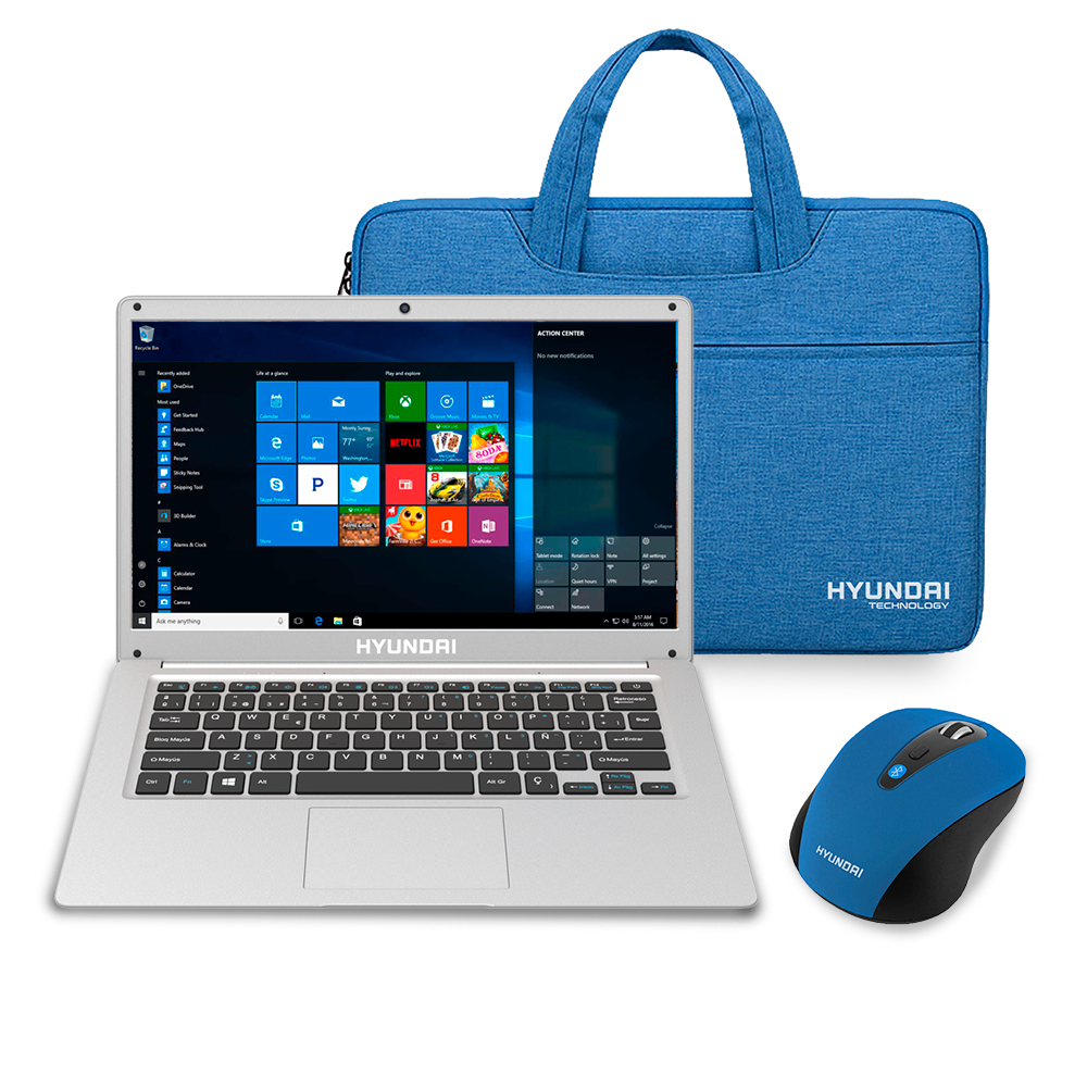 Laptop Hyundai HYbook 14.1 pulgadas Intel Celeron N3060 4 GB Ram 64 GB Teclado Español Windows 10 home Plata + Mochila + Mouse Azul