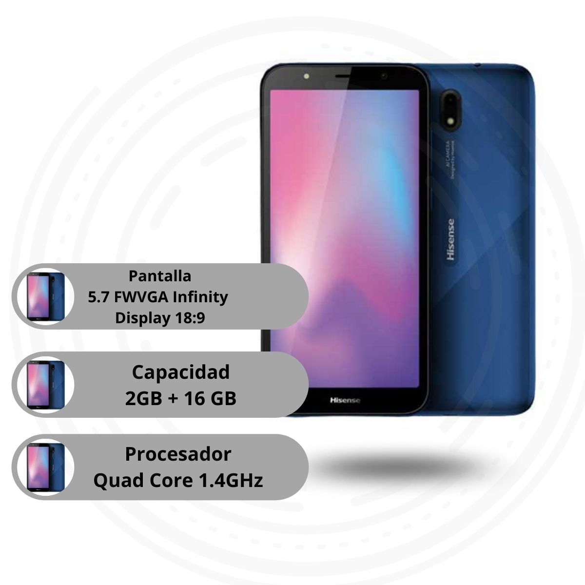 Celular Hisense E20 5.7" Face ID 16GB /2GB Cámara 13MP/5MP Quadcore Android 10 Go Color Azul
