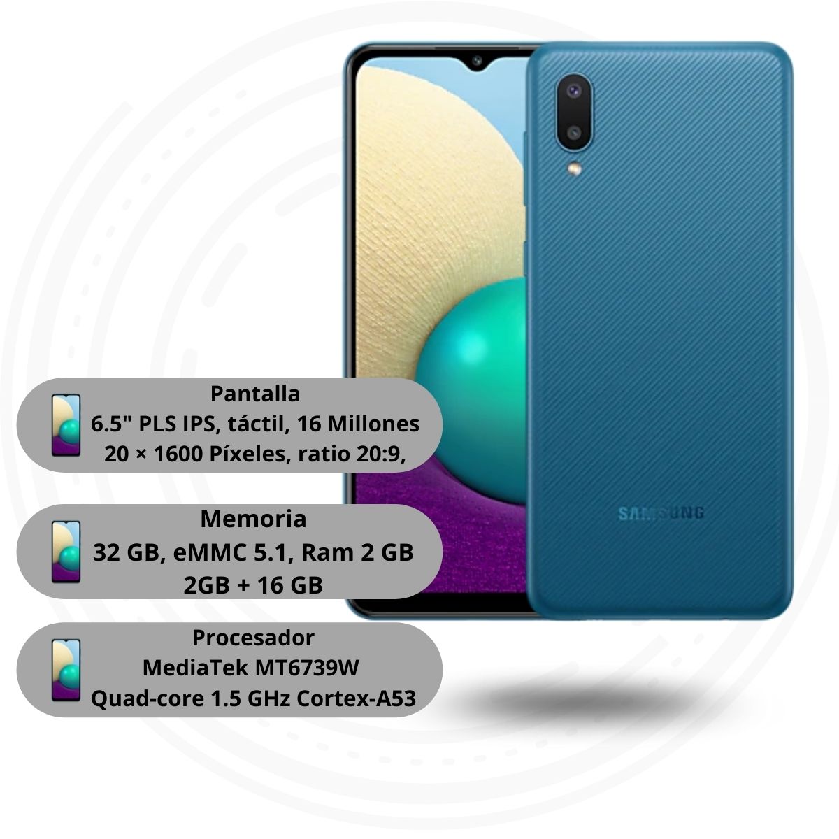Celular Samsung Galaxy A02 6.5" Mediatek 32GB/2GB Cámara 13MP+2MP/5MP Android 10 Color Azul