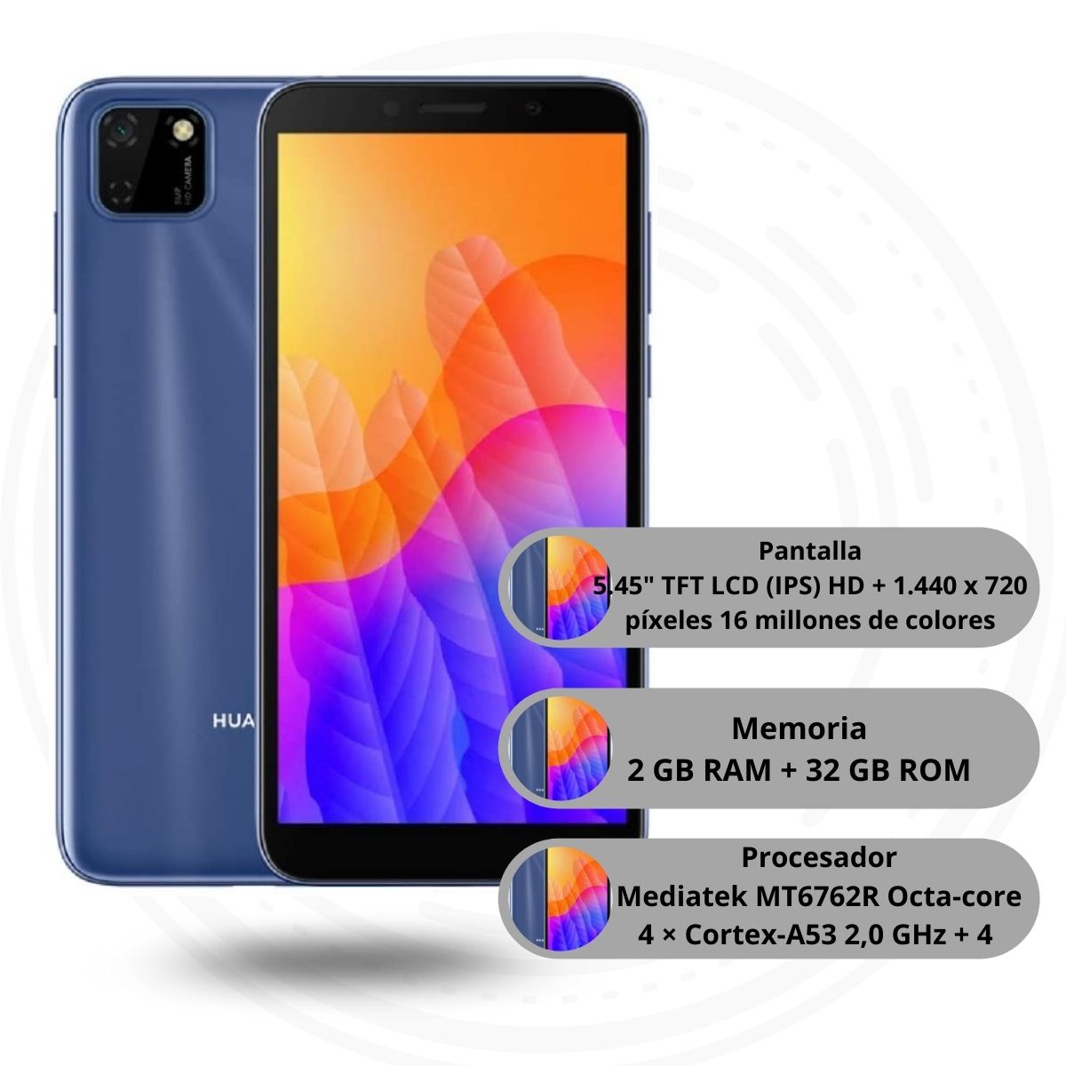 Celular Huawei Y5p 5.45" HD+ 32GB/2GB Cámara 8MP/5MP Mediatek MT6762R EMUI 10.1 Color Azul