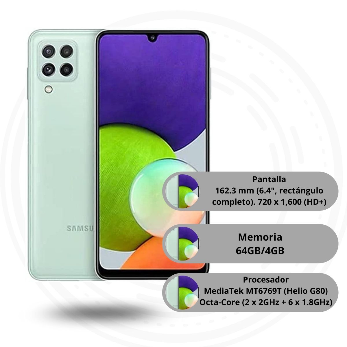 Celular Samsung Galaxy A22 6.4" 64GB/4GB Cámara 48MP+8MP+2MP+2MP/13MP Mediatek Android 11 Color Verde