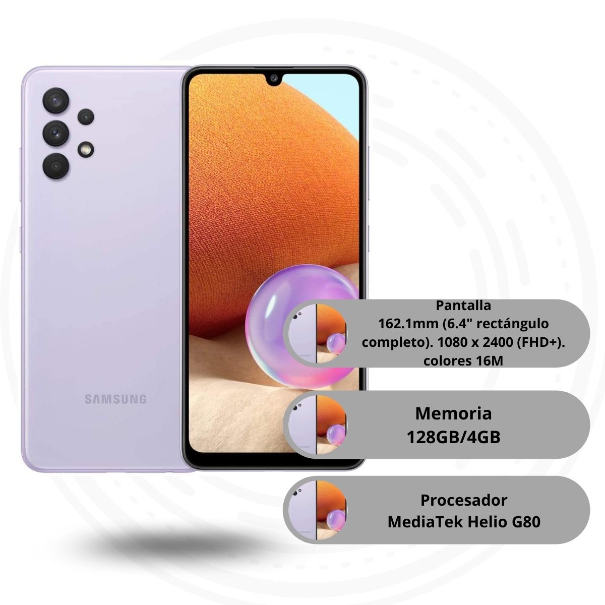 Celular Samsung Galaxy A32 6.4" 128GB/4GB Cámara 64MP+8MP+5MP+5MP/20 MP Mediatek Android 11 Single Sim Color Violeta