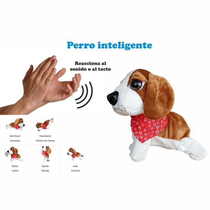 Perro robot, sensor de sonido, sensor de tacto, ladra, camina, acostado, saluda, movimientos aleatorios, Sabueso