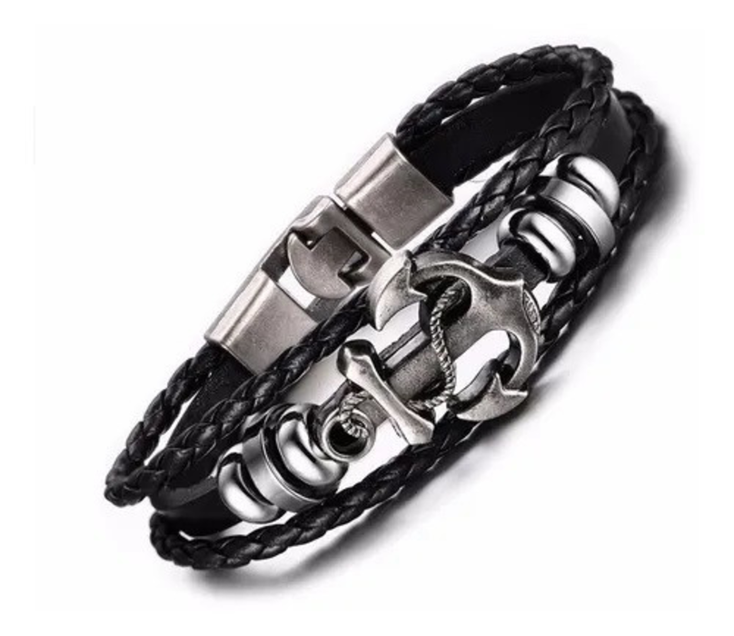 PULSERA DE ANCLA DE ACERO Y CUERO VINTAGE RETRO HOMBRE