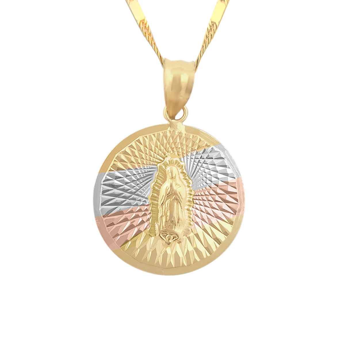 Medalla (Sin Cadena) Oro 18k Laminado #190 Forma Circular Virgen de Guadalupe Detalles Estilo Florentino 2.6 cm Alto Diámetro 1.8 cm 