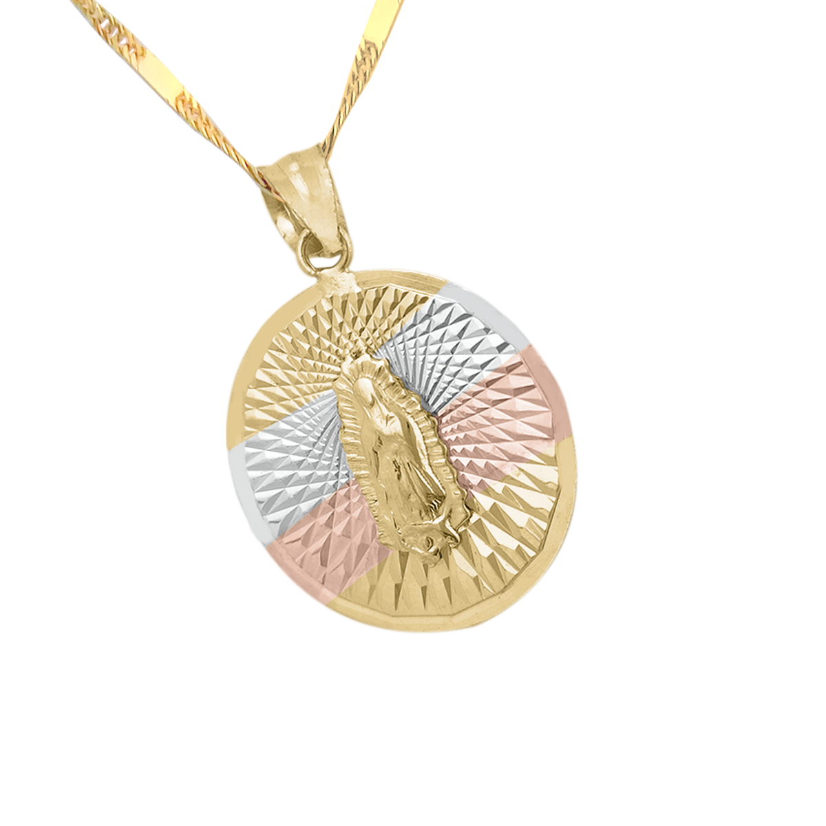 Medalla (Sin Cadena) Oro 18k Laminado #190 Forma Circular Virgen de Guadalupe Detalles Estilo Florentino 2.6 cm Alto Diámetro 1.8 cm 