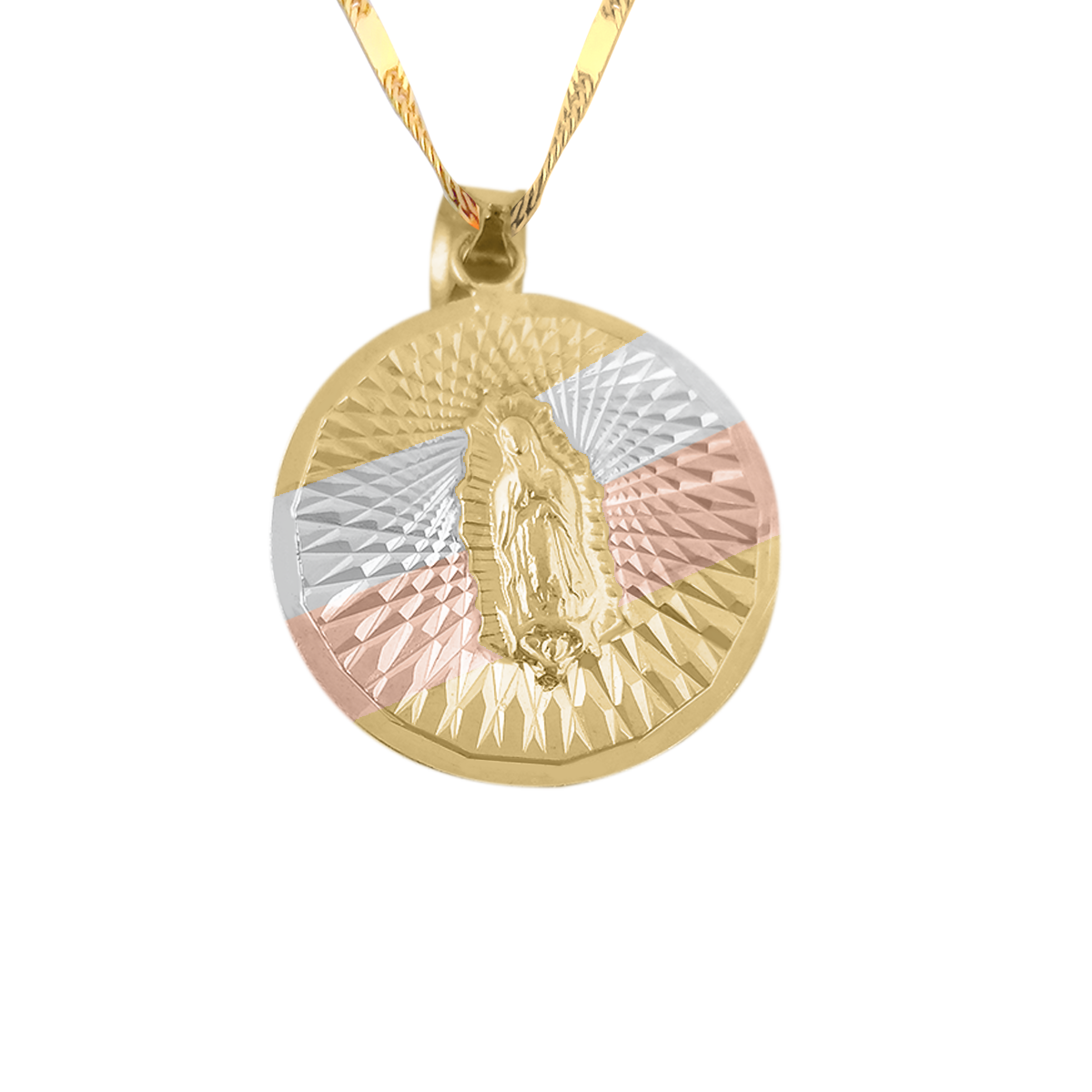 Medalla (Sin Cadena) Oro 18k Laminado #190 Forma Circular Virgen de Guadalupe Detalles Estilo Florentino 2.6 cm Alto Diámetro 1.8 cm 