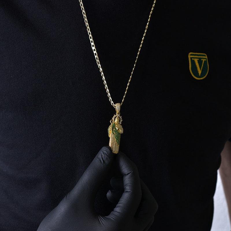 Dije San Judas Tadeo VAROURO  Oro Sólido 10k | Manto Verde + Cadena.