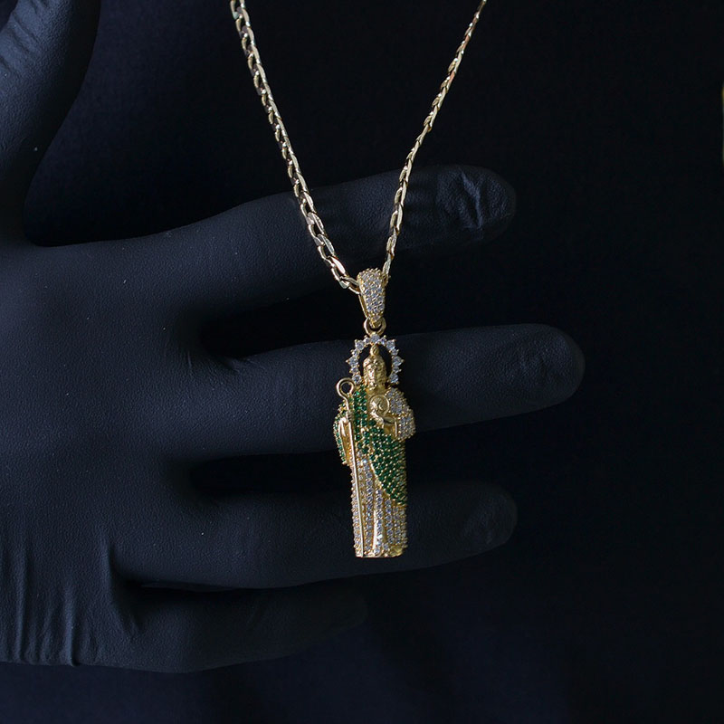 Dije San Judas Tadeo VAROURO  Oro Sólido 10k | Manto Verde + Cadena.