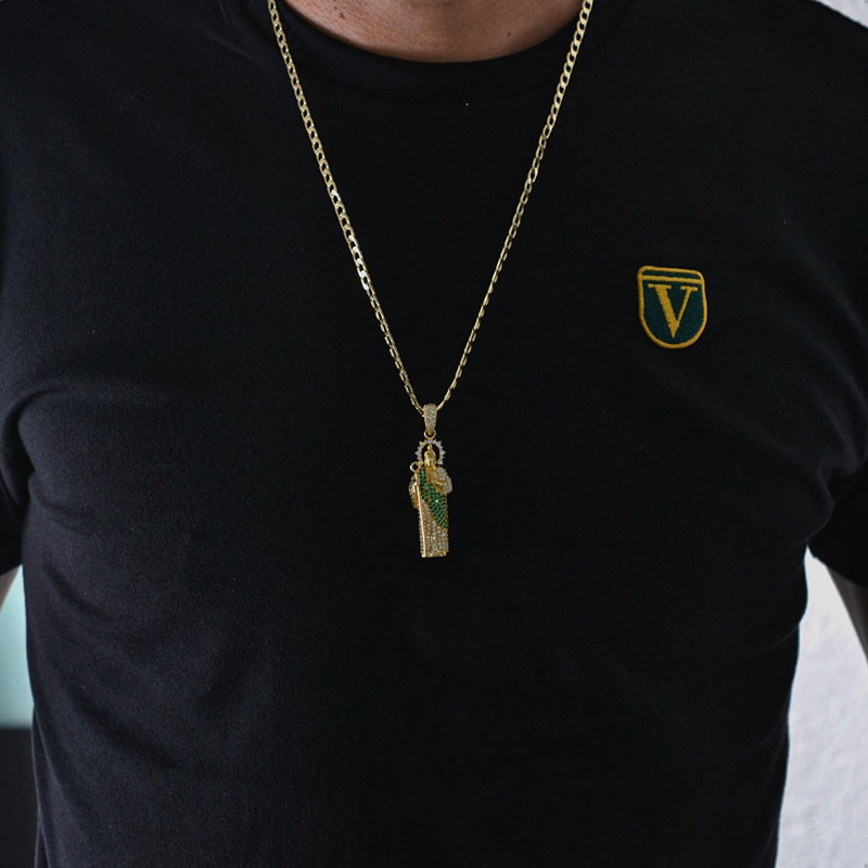 Dije San Judas Tadeo VAROURO  Oro Sólido 10k | Manto Verde + Cadena.