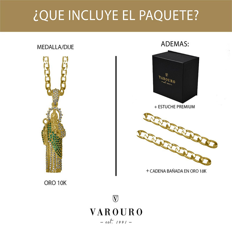 Dije San Judas Tadeo VAROURO  Oro Sólido 10k | Manto Verde + Cadena.