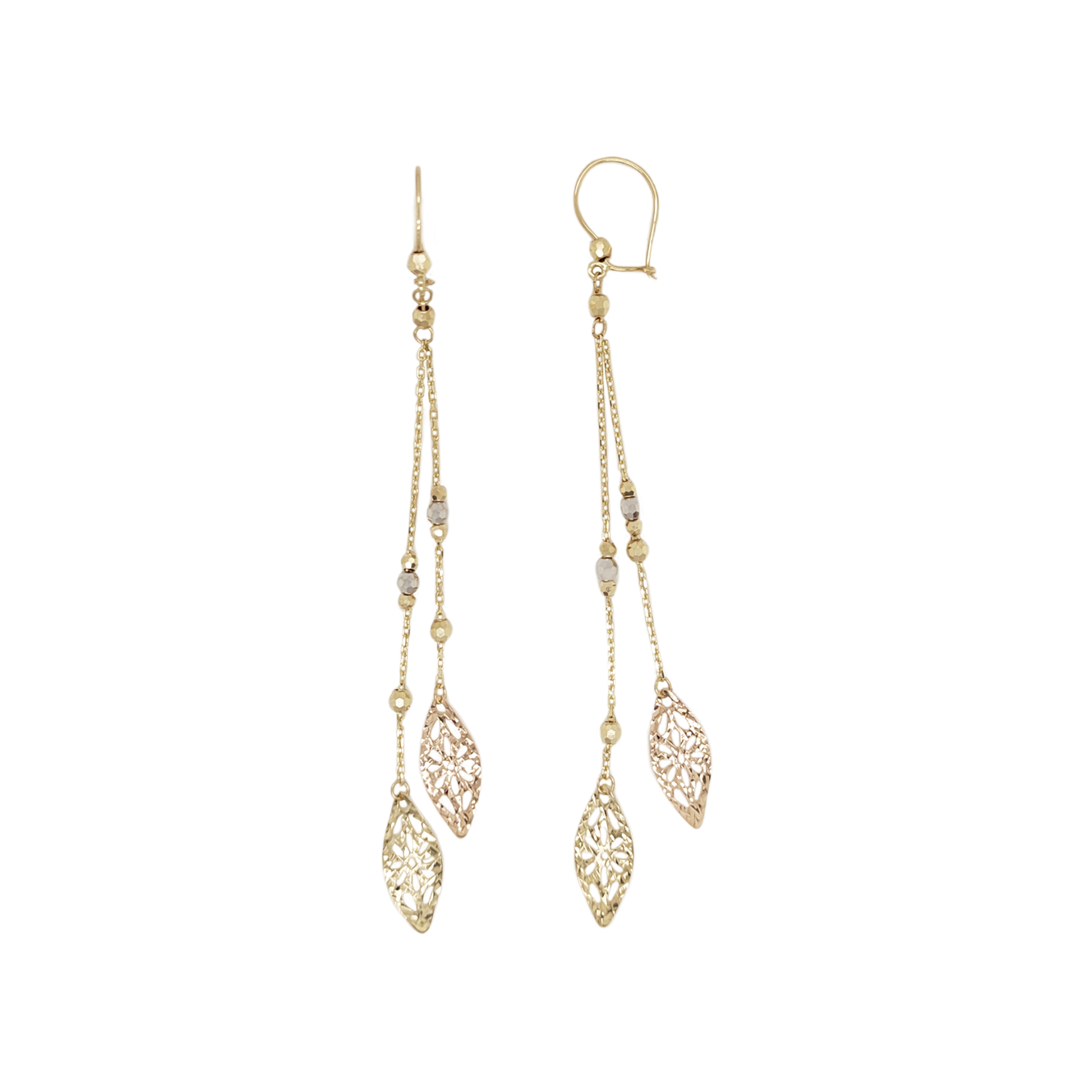 Aretes Largos con Diseño de Hojas en Oro Amarillo y Rosa de 14 K + Obsequio