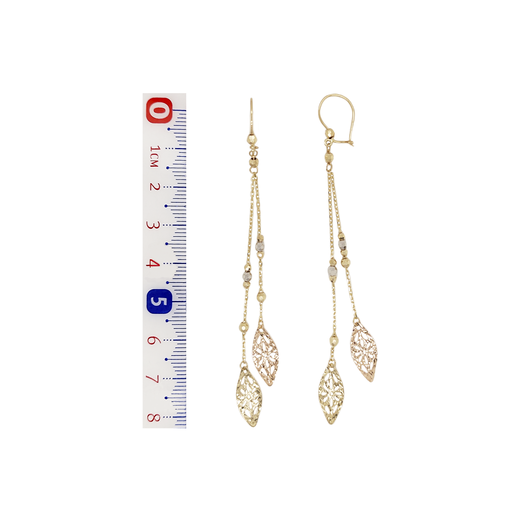 Aretes Largos con Diseño de Hojas en Oro Amarillo y Rosa de 14 K + Obsequio