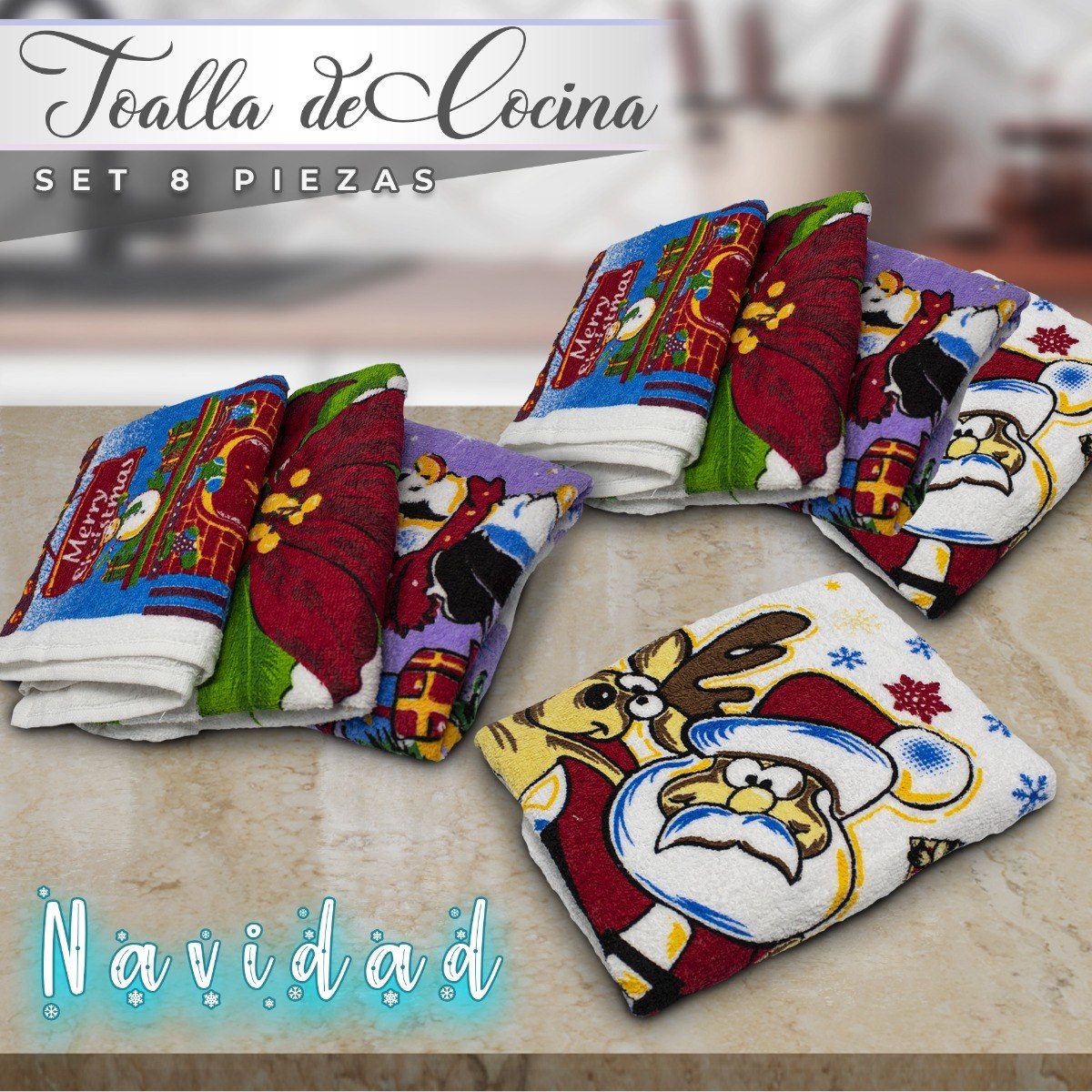 Set 8 Piezas Toalla Secador Paño Cocina Diseño Navidad Algodon