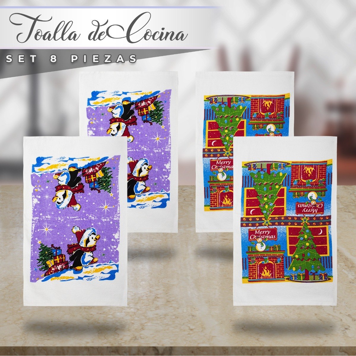 Set 8 Piezas Toalla Secador Paño Cocina Diseño Navidad Algodon