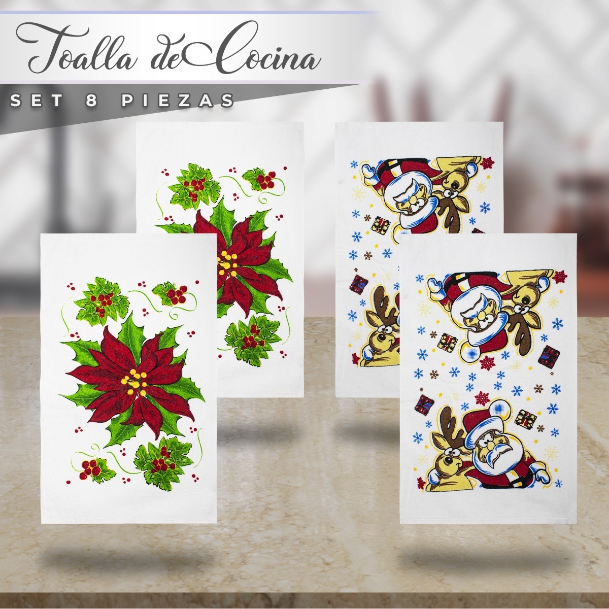 Set 8 Piezas Toalla Secador Paño Cocina Diseño Navidad Algodon