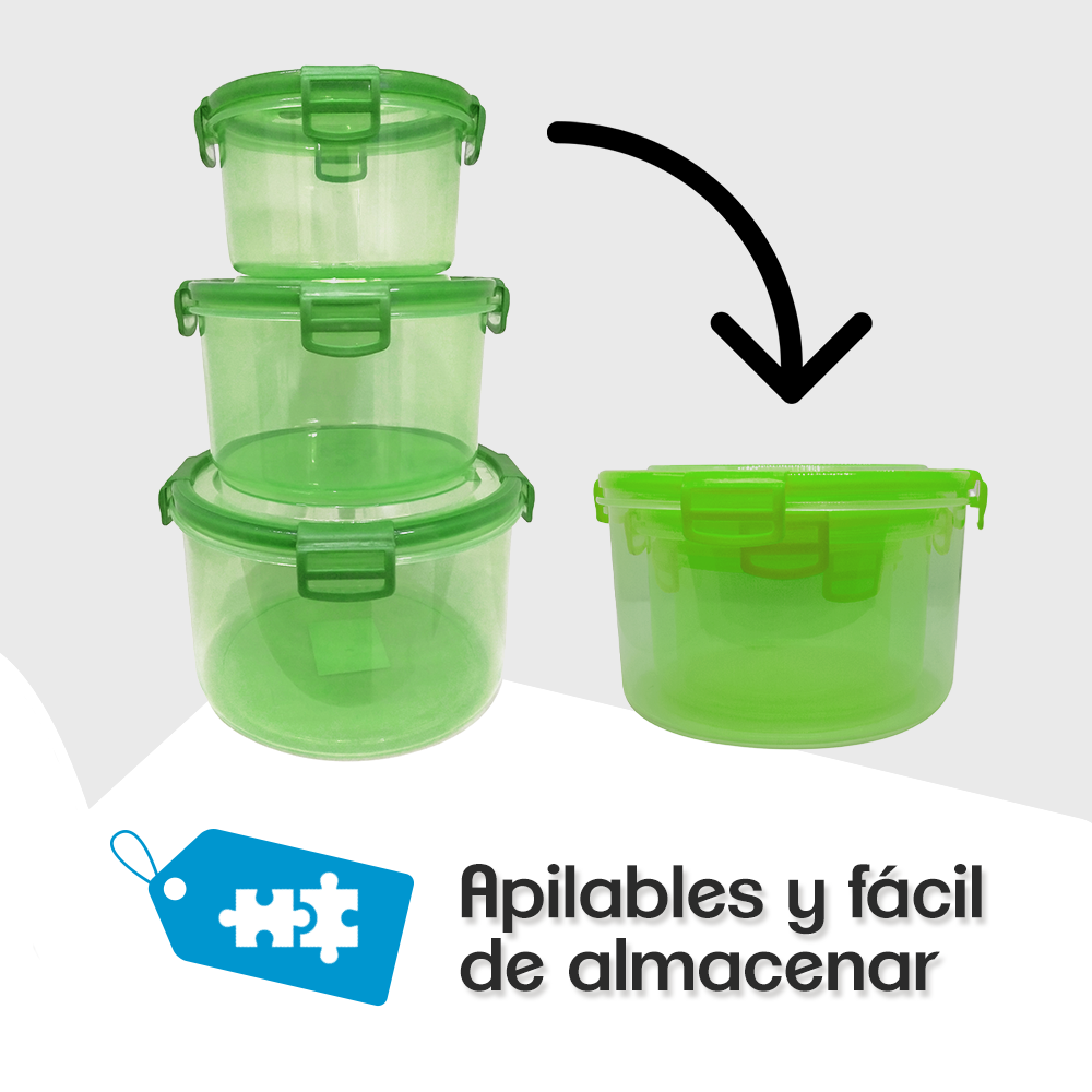 Recipiente Plástico Contenedor TUPPERS HERMETICOS 3 Pzas Verde