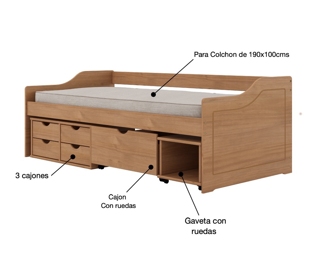 Cama Modelo Tambor Con Tres Cajones - Muebles GM (Muebles de Madera)