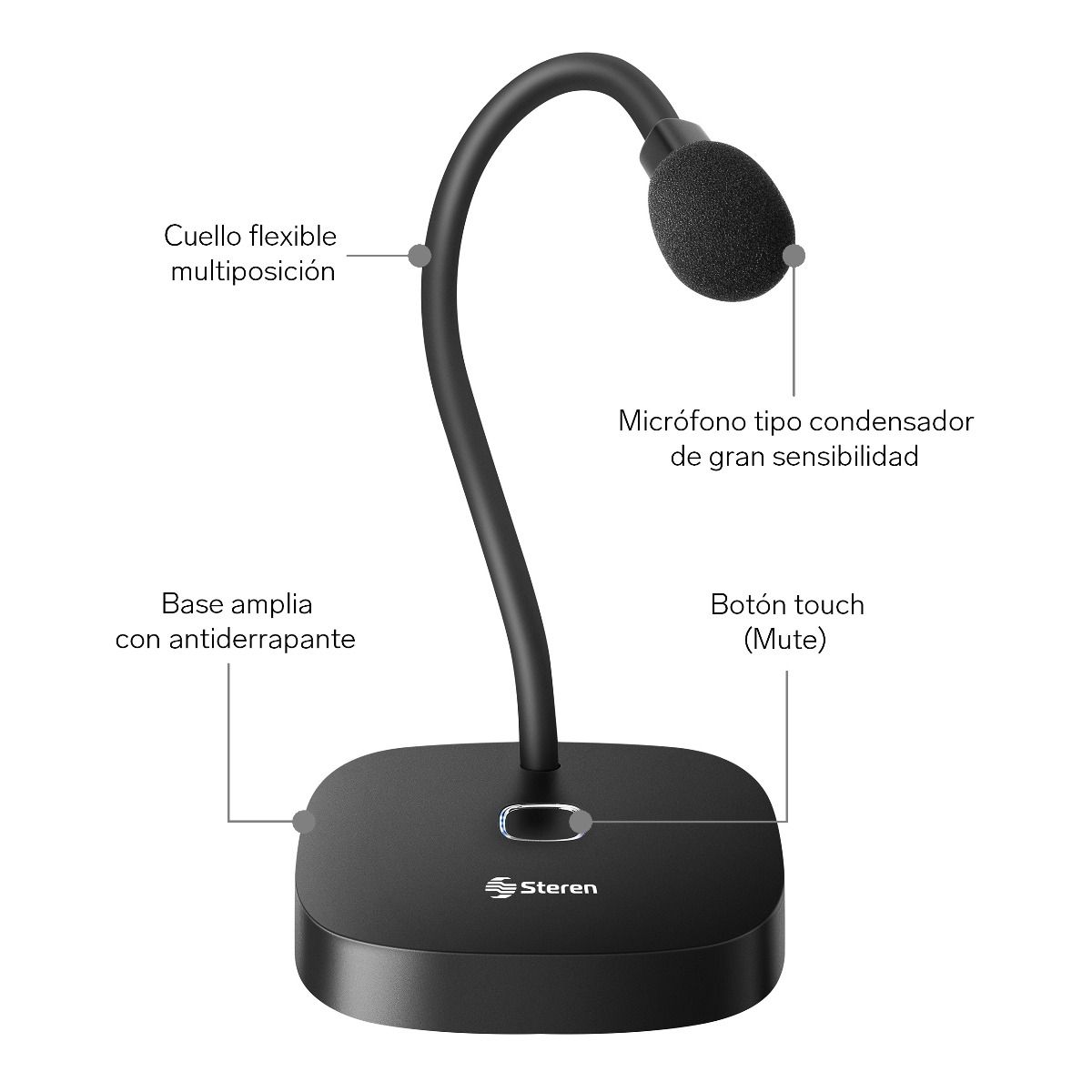 Micrófono USB STEREN condensador cuello flexible botón Touch