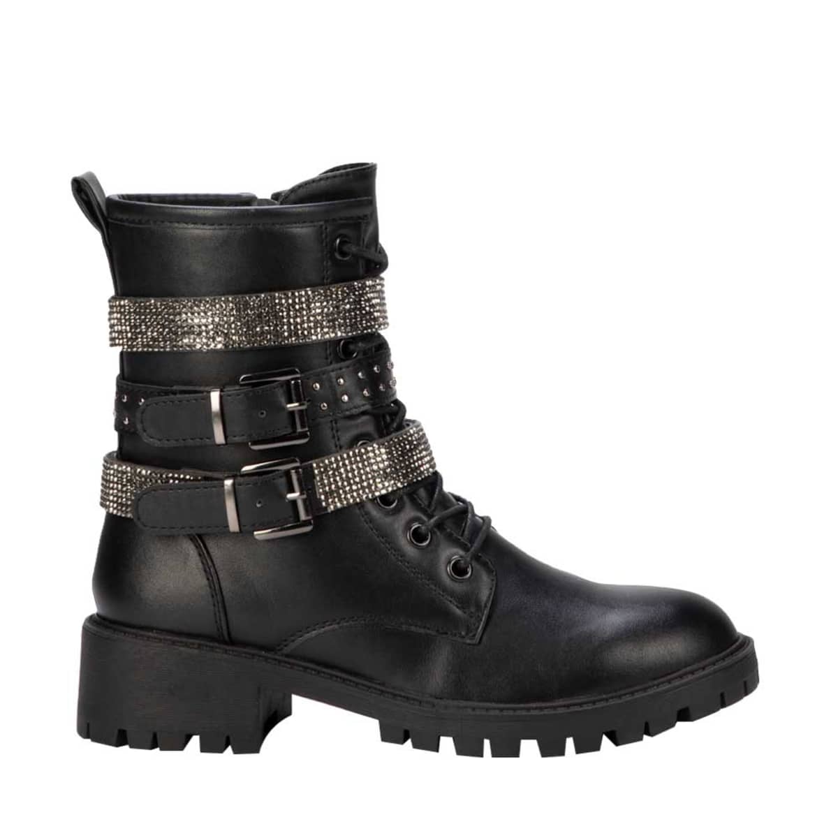 Par de botas militares para mujer marca Belinda Peregrin, con correas y detalles metálicos, mod. 993507